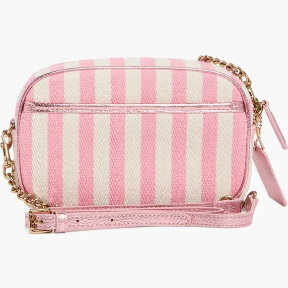 Spring Show Kurt Geiger Chiswick Camera Pink & White Striped Canvas Crossbody